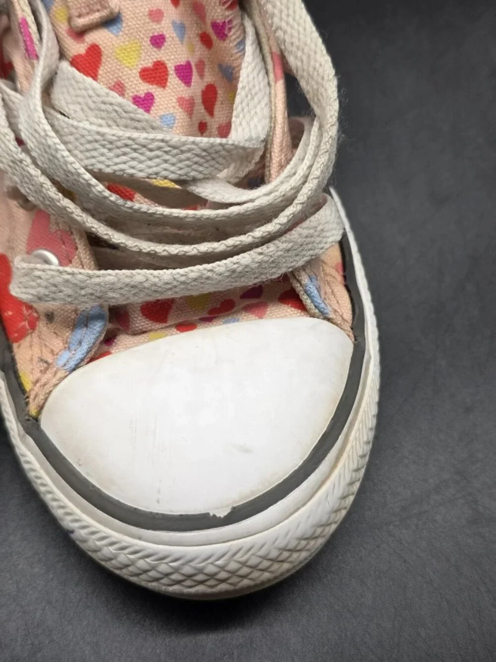 Converse All Star Shoes Kids Size 2 Pink Heart High Top Sneakers Damage Stains